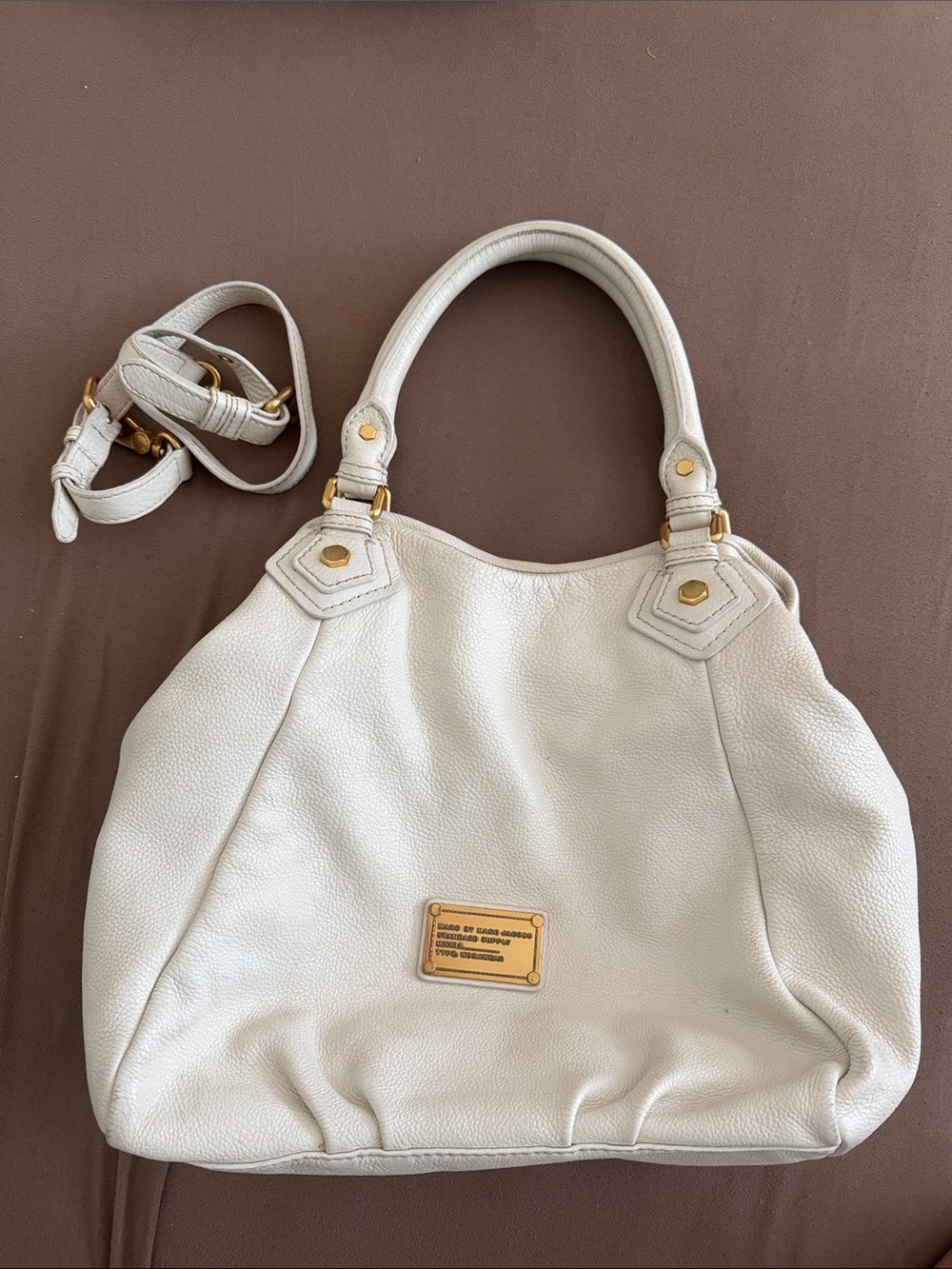 Marc Jacobs White Leather Shoulder Tote with Gold Hardware
